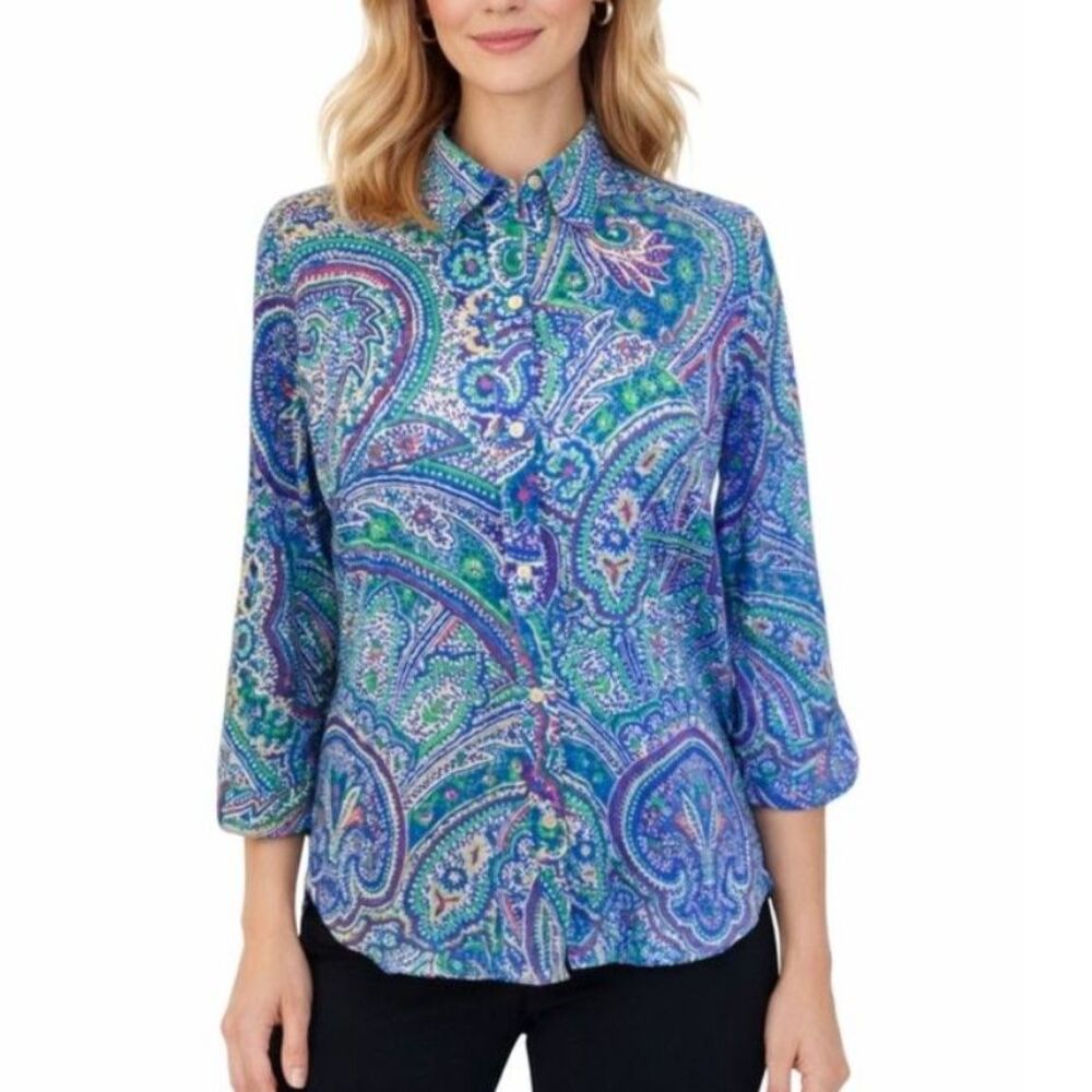 Lauren Ralph Lauren Womens Purple Paisley 3/4 Sleeve Button-Up Shirt Size PL